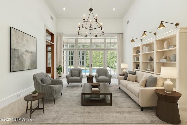 6230 Highlands Ct, Ponte Vedra Beach, FL 32082 - living area with a chandelier, ornamental molding, a towering ceiling, and carpet floors