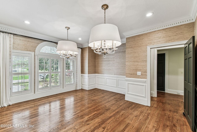 6230 Highlands Ct, Ponte Vedra Beach, FL 32082 - unfurnished dining area featuring a chandelier, a wainscoted wall, crown molding, recessed lighting, and wallpapered walls