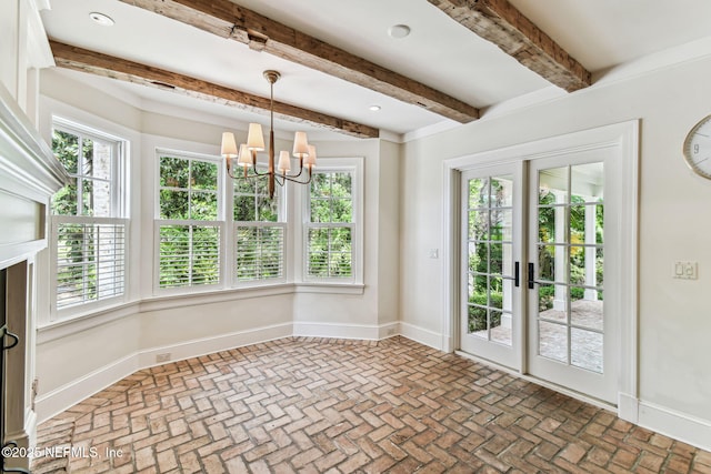 6230 Highlands Ct, Ponte Vedra Beach, FL 32082 - unfurnished dining area with brick flooring, a chandelier, beamed ceiling, and baseboards