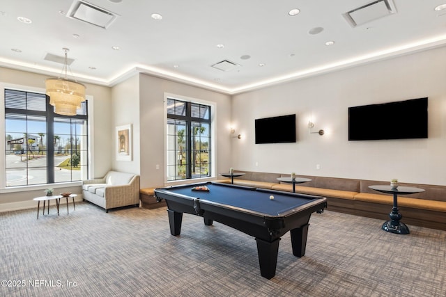 rec room featuring visible vents, carpet flooring, pool table, and recessed lighting