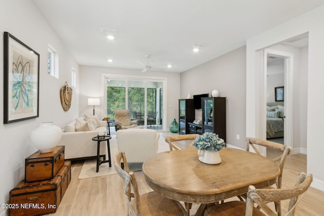 dining space featuring recessed lighting, light wood-type flooring, visible vents, and a ceiling fan