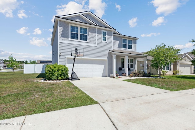 view of front of property featuring a garage, a porch, a front lawn, and fence