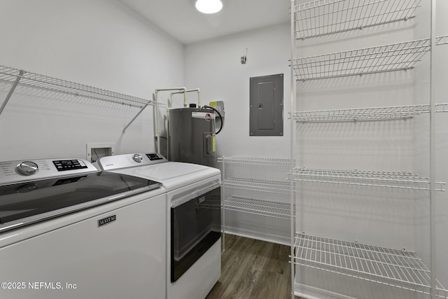 11213 Harbour Vista Cir, Saint Augustine, FL 32080 - clothes washing area featuring laundry area, separate washer and dryer, water heater, dark wood-type flooring, and electric panel