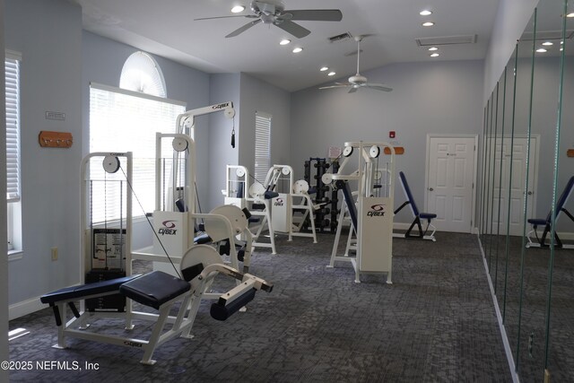 11213 Harbour Vista Cir, Saint Augustine, FL 32080 - workout area featuring ceiling fan, high vaulted ceiling, recessed lighting, baseboards, and visible vents