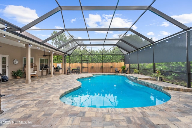 1712 Margarets Walk Rd, Fleming Island, FL 32003 - view of pool with ceiling fan, a fenced in pool, a fenced backyard, a lanai, and a patio