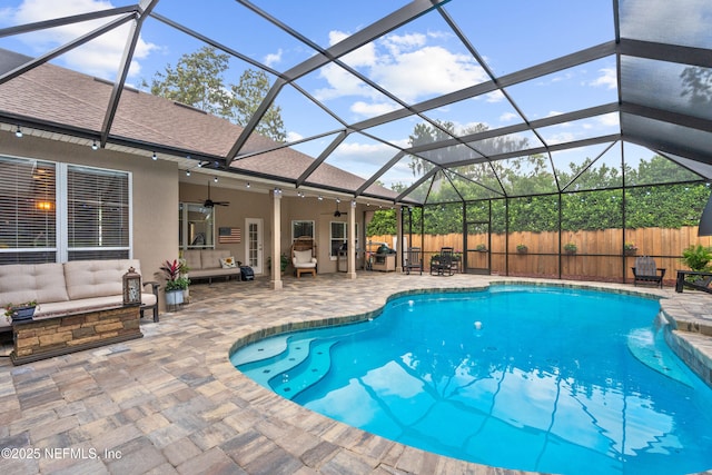 1712 Margarets Walk Rd, Fleming Island, FL 32003 - view of pool featuring fence, a patio, an outdoor hangout area, a fenced in pool, and a ceiling fan