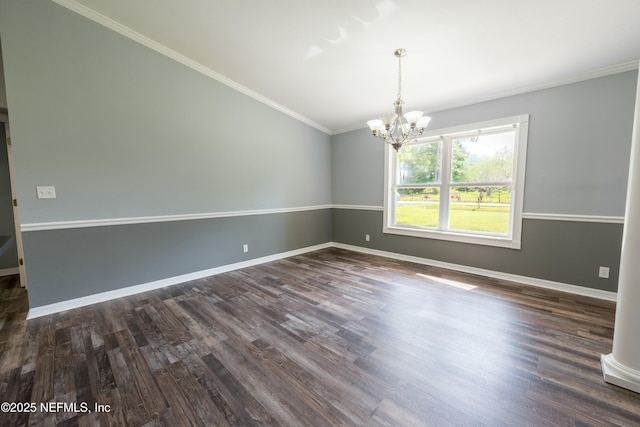 unfurnished room with baseboards, a notable chandelier, and dark wood-type flooring