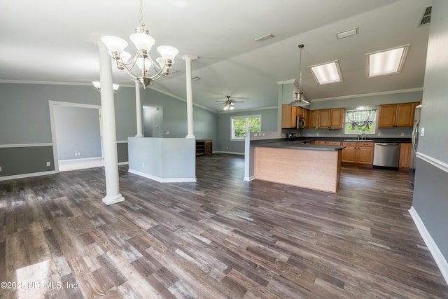kitchen featuring dark countertops, a sink, ceiling fan with notable chandelier, open floor plan, and dishwasher