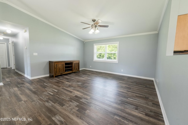 unfurnished living room with crown molding, baseboards, ceiling fan, and dark wood-style floors
