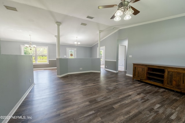 unfurnished living room with baseboards, visible vents, and ceiling fan with notable chandelier