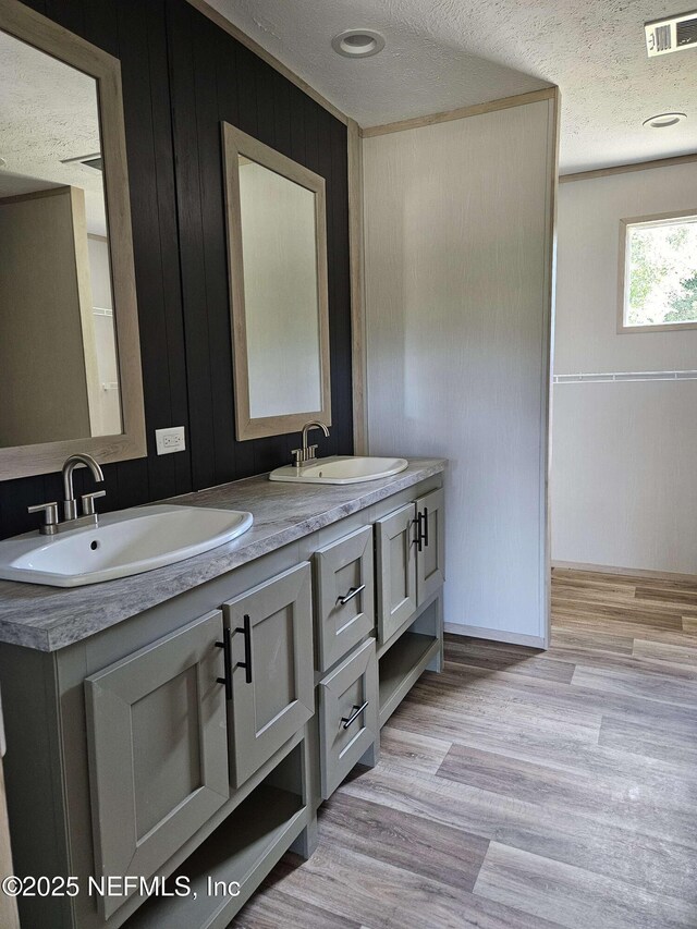bathroom featuring double vanity, a sink, visible vents, and a textured ceiling