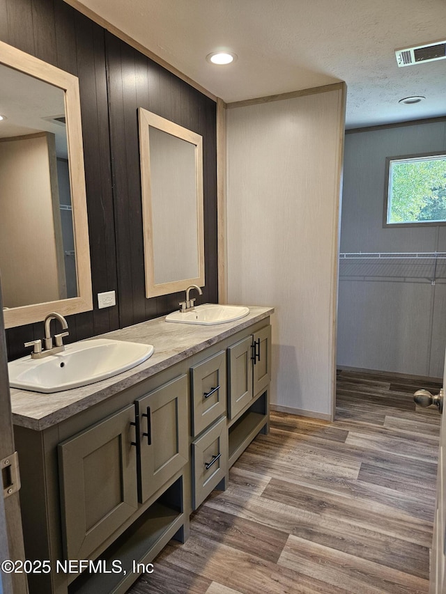 bathroom with wood finished floors, a sink, visible vents, and double vanity