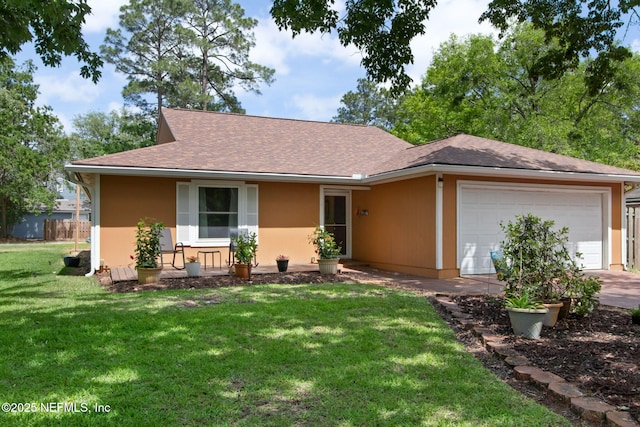 single story home with driveway, a shingled roof, an attached garage, stucco siding, and a front lawn