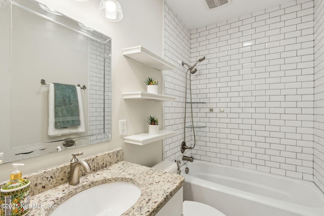 full bath featuring visible vents, toilet, shower / tub combination, and vanity