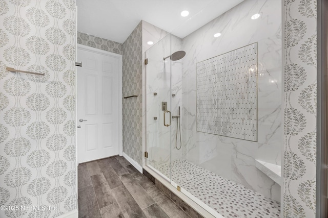 9831 Del Webb Pkwy Unit 1302, Jacksonville, FL 32256 - full bath with a marble finish shower, wood finished floors, and recessed lighting