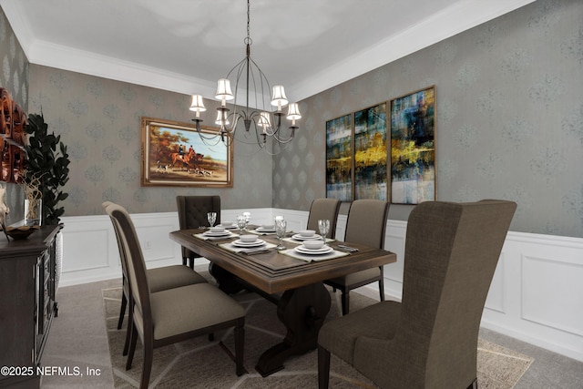 9831 Del Webb Pkwy Unit 1302, Jacksonville, FL 32256 - carpeted dining area with a chandelier, wainscoting, wallpapered walls, a decorative wall, and ornamental molding