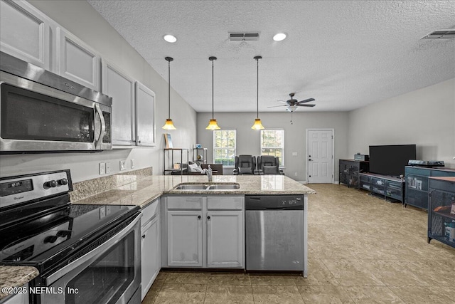 425 Oasis Ln, Orange Park, FL 32073 - kitchen with a sink, open floor plan, a peninsula, appliances with stainless steel finishes, and visible vents