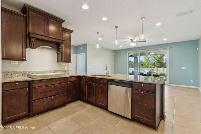 kitchen featuring stainless steel dishwasher, a peninsula, ceiling fan, and light tile patterned floors