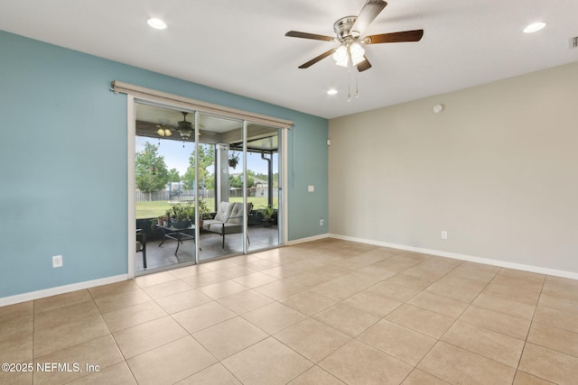 empty room with baseboards, tile patterned flooring, a ceiling fan, and recessed lighting
