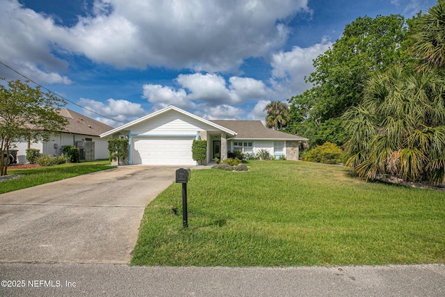 ranch-style home with a front yard, concrete driveway, and an attached garage