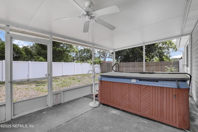 11453 Cypress Bend Ct, Jacksonville, FL 32223 - unfurnished sunroom featuring a hot tub, ceiling fan, and a wealth of natural light