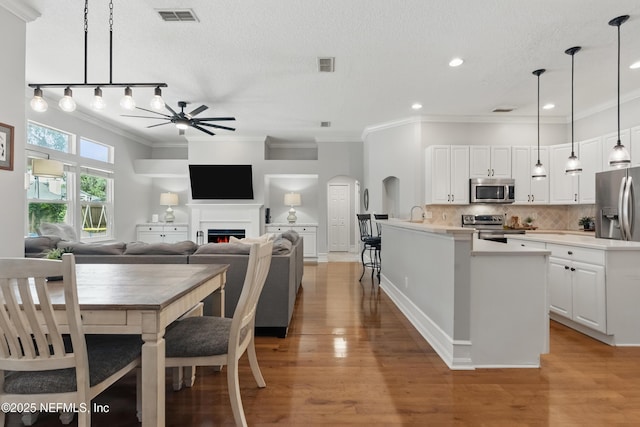kitchen featuring visible vents, crown molding, a ceiling fan, and stainless steel appliances