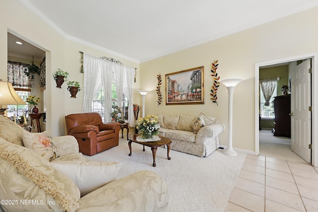104 Twin Cedar Ct, Ponte Vedra Beach, FL 32082 - living room with light carpet, baseboards, light tile patterned floors, and crown molding