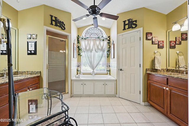104 Twin Cedar Ct, Ponte Vedra Beach, FL 32082 - bathroom featuring a shower stall, two vanities, a ceiling fan, and a sink
