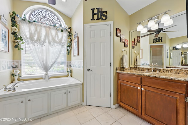 104 Twin Cedar Ct, Ponte Vedra Beach, FL 32082 - bathroom featuring a garden tub, tile patterned floors, vanity, ceiling fan, and lofted ceiling