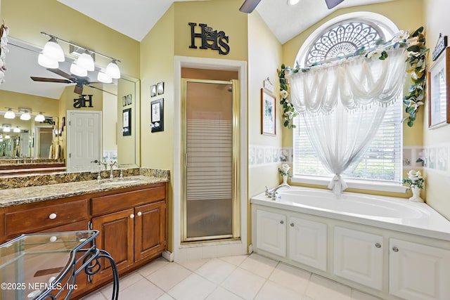 104 Twin Cedar Ct, Ponte Vedra Beach, FL 32082 - bathroom featuring a bath, a stall shower, plenty of natural light, vaulted ceiling, and a ceiling fan