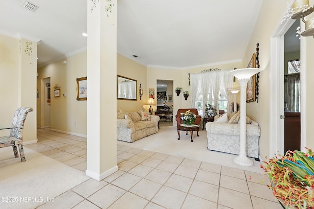 104 Twin Cedar Ct, Ponte Vedra Beach, FL 32082 - tiled living area with visible vents, carpet floors, and ornamental molding