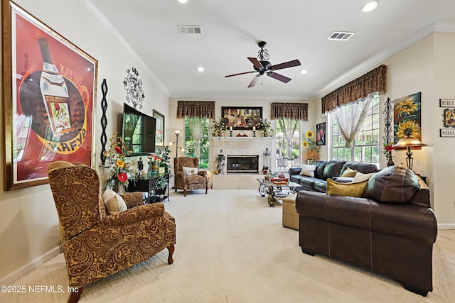 104 Twin Cedar Ct, Ponte Vedra Beach, FL 32082 - living room with ceiling fan, crown molding, visible vents, and recessed lighting