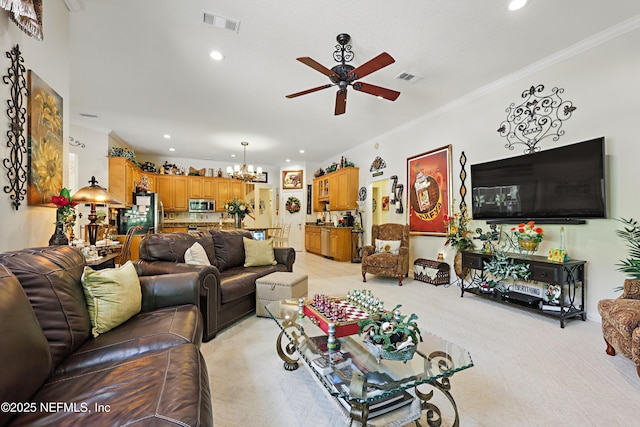 104 Twin Cedar Ct, Ponte Vedra Beach, FL 32082 - living room with recessed lighting, visible vents, light carpet, and ceiling fan with notable chandelier