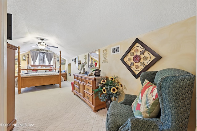 104 Twin Cedar Ct, Ponte Vedra Beach, FL 32082 - bedroom featuring a ceiling fan, a textured ceiling, light colored carpet, lofted ceiling, and visible vents