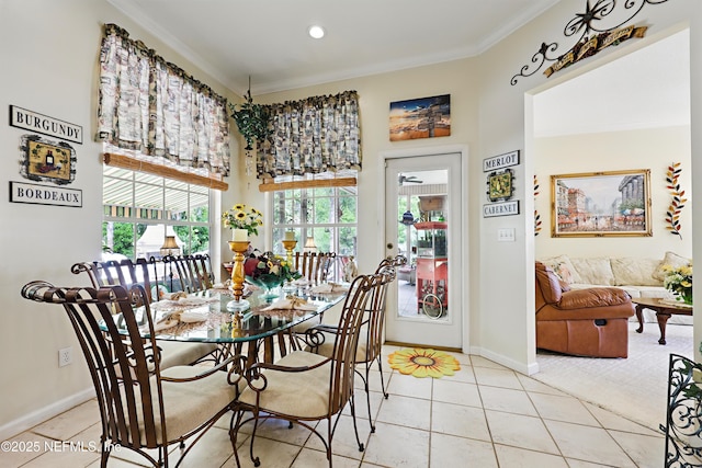 104 Twin Cedar Ct, Ponte Vedra Beach, FL 32082 - tiled dining room featuring baseboards, ornamental molding, a high ceiling, and recessed lighting