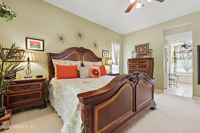104 Twin Cedar Ct, Ponte Vedra Beach, FL 32082 - bedroom with ceiling fan, baseboards, light carpet, and ensuite bathroom