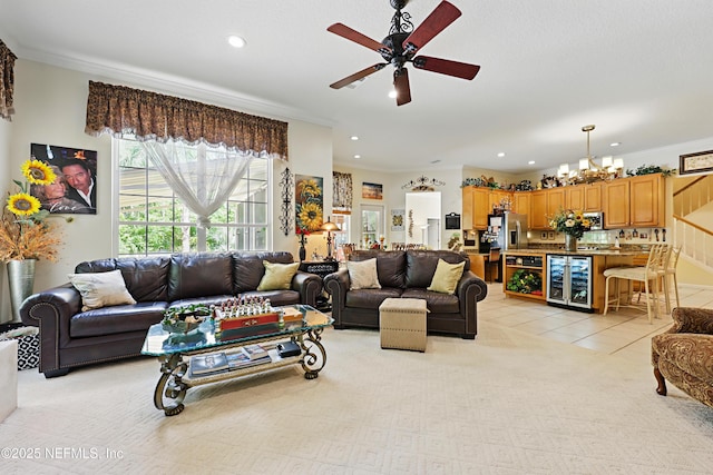 104 Twin Cedar Ct, Ponte Vedra Beach, FL 32082 - living room featuring recessed lighting, light carpet, beverage cooler, and ceiling fan with notable chandelier