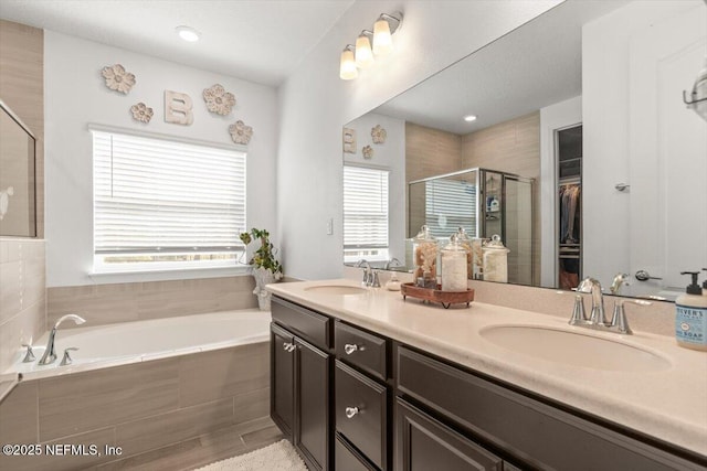 bathroom with a shower stall, a garden tub, a sink, and double vanity