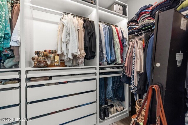 walk in closet with wood finished floors