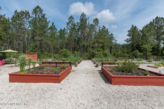 view of home's community featuring a forest view, a garden, and fence