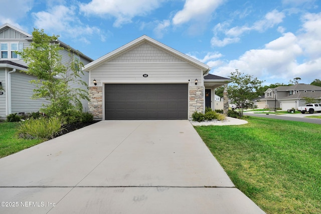 143 Bayard Pl, Jacksonville, FL 32259 - ranch-style home with an attached garage, driveway, a front lawn, and stone siding