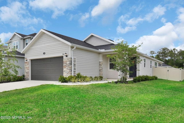 143 Bayard Pl, Jacksonville, FL 32259 - single story home with a garage, fence, stone siding, a front yard, and concrete driveway