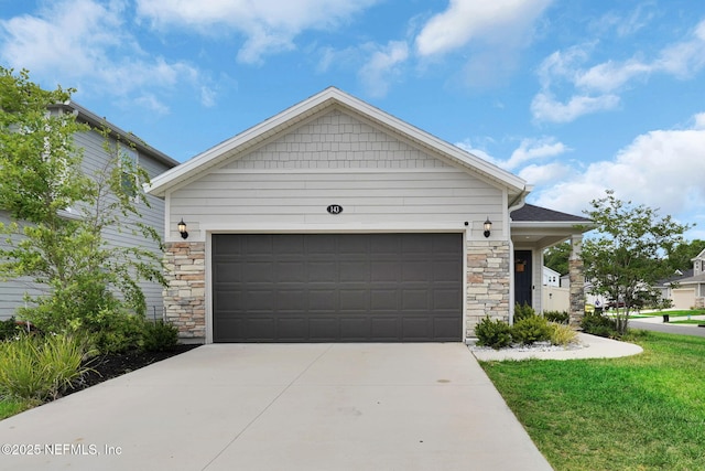 143 Bayard Pl, Jacksonville, FL 32259 - ranch-style home with driveway, a front lawn, stone siding, and a garage