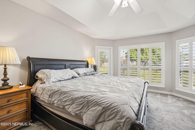 bedroom with baseboards, carpet, and ceiling fan