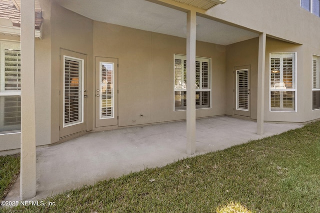 back of house with a patio area, a lawn, and stucco siding