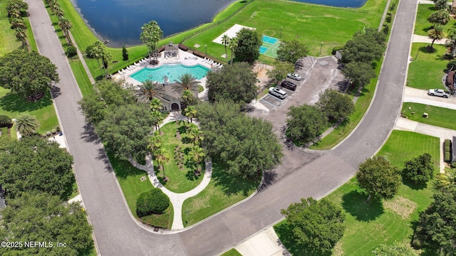 drone / aerial view with a water view