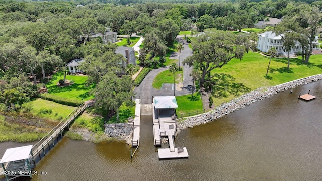 drone / aerial view featuring a water view