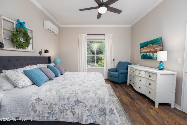 bedroom with dark wood finished floors, an AC wall unit, crown molding, and ceiling fan
