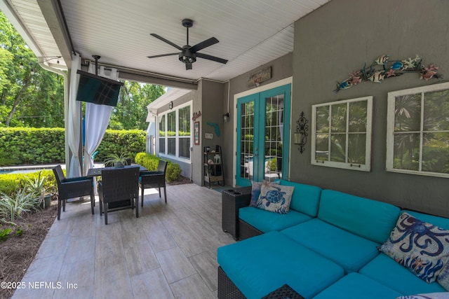 view of patio / terrace featuring ceiling fan, french doors, outdoor lounge area, and outdoor dining area