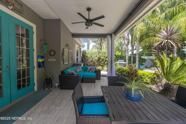 exterior space with an outdoor hangout area, french doors, a patio, and ceiling fan